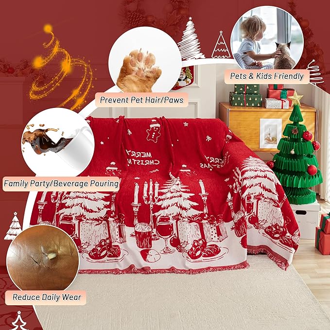 MYSKY HOME Christmas Couch Cover, Sofa Cover for 3 Cushion Couch, Non-Slip Soft Sofa Slipcover Protector, Sofa Covers Washable, Couch Covers for Sectional Sofa, Sofa Towel for Pet Cat Dog, 71" x 134"