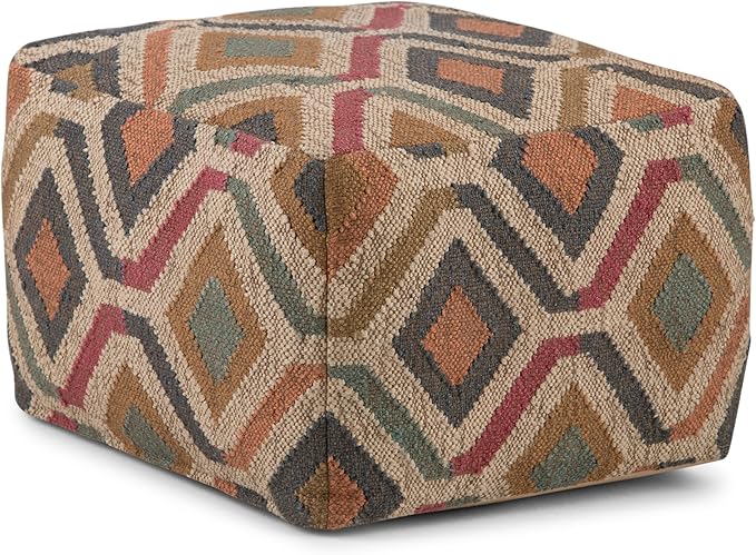 SIMPLIHOME Johanna Square Pouf - 20 inch Wide Upholstered Cotton and Jute Kilim Ottoman in Multi-Color, Boho Footstool or Extra Seating for Living Room with Polystyrene Bead Filling, Assembled