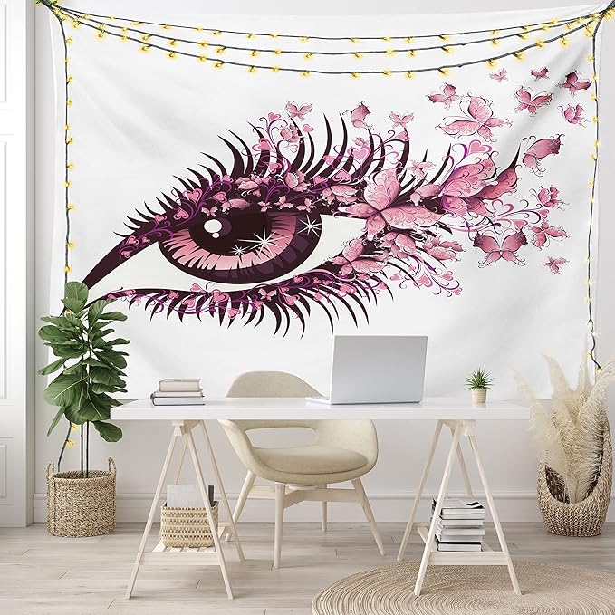Ambesonne Butterflies Tapestry, Female Eye Eyelashes Mascara Stare Party Makeup Animal Print, Fabric Wall Hanging Decor for Bedroom Living Room Dorm, 28" X 23", Pale Pink Purple
