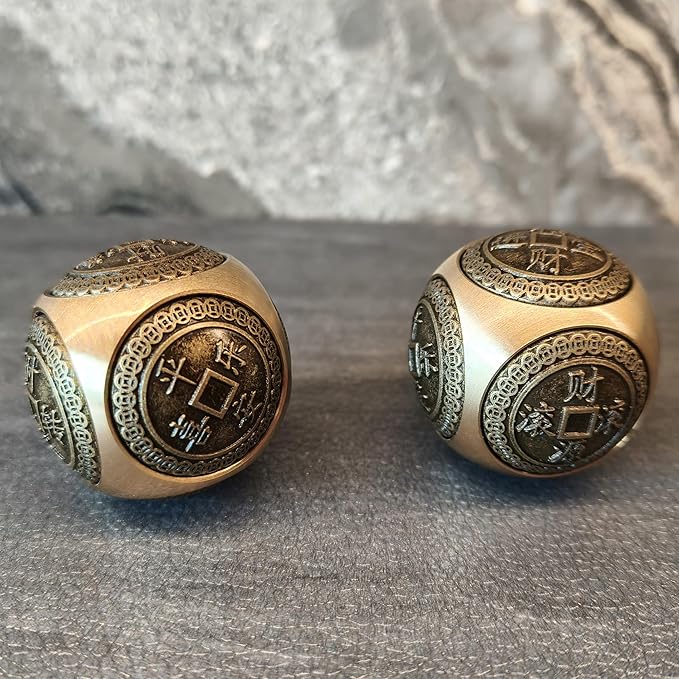 Brass Lucky Ball 6 Sides Rotatable Feng Shui Ornament Wealth Statue Treasure Ball Fengshui Sculpture Chinese Traditional Home Decor (F2 Lucky Ball x 2)