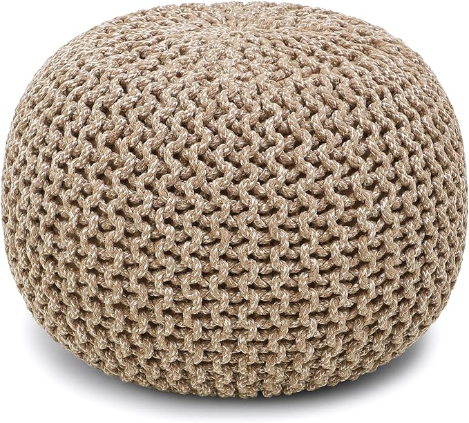 REDEARTH · Round Pouf Ottoman - Hand Knitted Cable Boho Poof Home Décor Pouffe Circular Footrest for Living Room - Nursery - Bedroom - Lounge 100% Cotton (19.5"x19.5"x14") - Beige Ivory, Set of 2