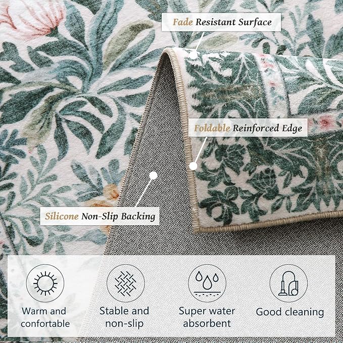 Botanical Floral Area Rug 6x9 Light Green Cream Vintage Garden Design, Perfect for Living Room, Bedroom, Kids Room, Nursery - Stain & Water Resistant Non-Slip, Pet & Child Friendly Area Rugs