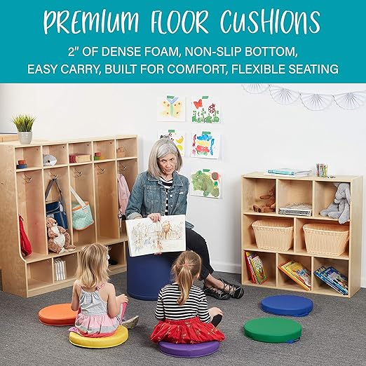 SoftScape Classpack 15 inch Round Floor Cushions with Handles; Flexible Seating for Daycare, Preschool, Classroom, Library and More; 2 inch Thick Deluxe Foam (24-Piece) - Assorted, 13773-AS