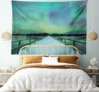 Ambesonne Aurora Borealis Tapestry, Long Mystic Sky over Bridge in Snowy Arctic Frozen River Image, Fabric Wall Hanging Decor for Bedroom Living Room Dorm, 45" X 30", Lime Green Petrol Blue