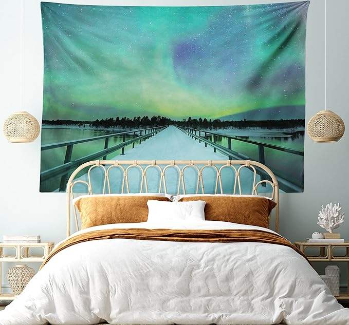 Ambesonne Aurora Borealis Tapestry, Long Mystic Sky over Bridge in Snowy Arctic Frozen River Image, Fabric Wall Hanging Decor for Bedroom Living Room Dorm, 28" X 23", Lime Green Petrol Blue