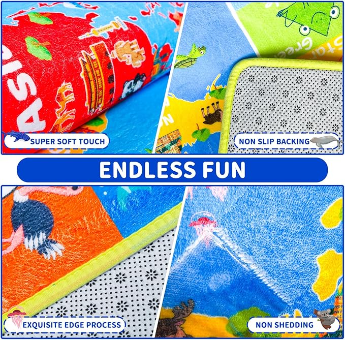 World Map ABC Kid Rug for Playroom Geography 59"×39.4" Classroom Play Rug Educational Baby Playmat Alphabet Carpet Primary School Fluffy Ployester Non-Slip Preschool Mat Nursery Room Learning