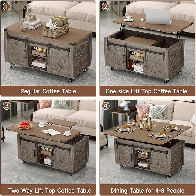 40” Farmhouse Coffee Table Bilateral Lift Top with Sliding Barn Door Movable Rustic Square Center Table with Large Hidden Storage Compartment Lifting Tabletop for Home Living Room,Office (Dark Brown)