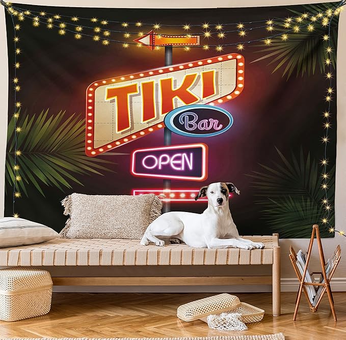 Ambesonne Tiki Bar Tapestry King Size, Old Fashioned Neon Signs Illustration of Open Bar Palm Tree Branches Roadside, Wall Hanging Bedspread Bed Cover Wall Decor, 104" X 88", Dark Purple