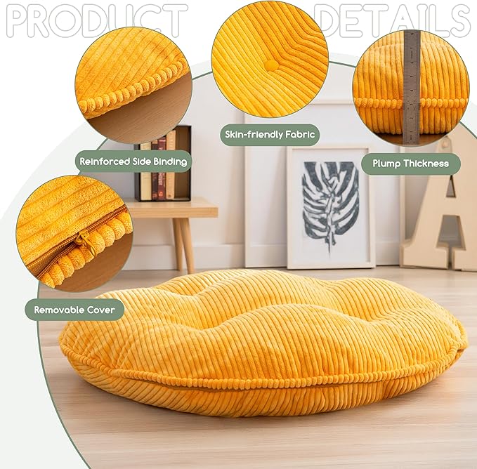 35" Washable Floor Pillow Cushion for Adults, Meditation Cushion Pillow, Extra Large Round Floor Sitting, Removable Tufted Corduroy Cover, for Tatami Living Room or Yoga, Orange, Machine Washable