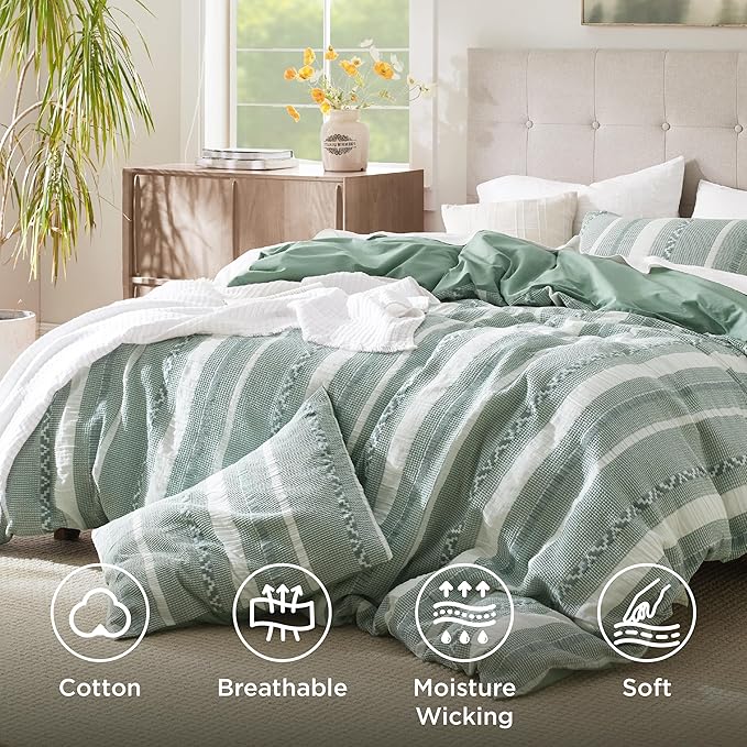 Bedsure Waffle Weave Duvet Cover King - 100% Cotton Boho Duvet Cover with 2 Pillowcases - Green Textured Comforter Cover with Zipper Closure (King, 104"x90")
