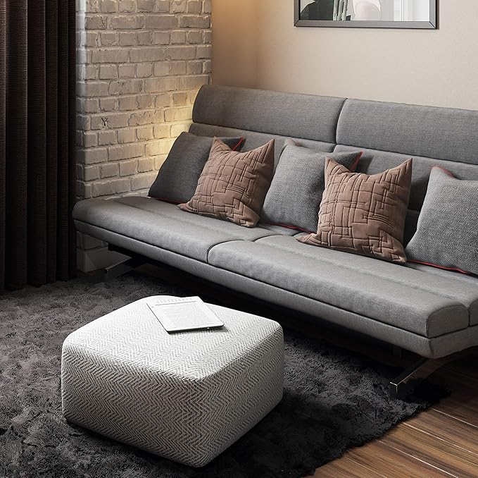 SIMPLIHOME Nate Square Pouf - 20 inch Wide Upholstered Handwoven Cotton Ottoman in Patterned Grey Melange, Boho Footstool or Extra Seating for Living Room with Artisanal Texture, Assembled