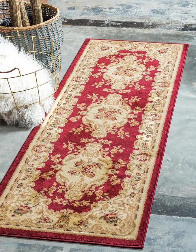 Rugs.com Chateau Collection Rug – 2' x 7' Runner Red Medium Rug Perfect for Hallways, Entryways