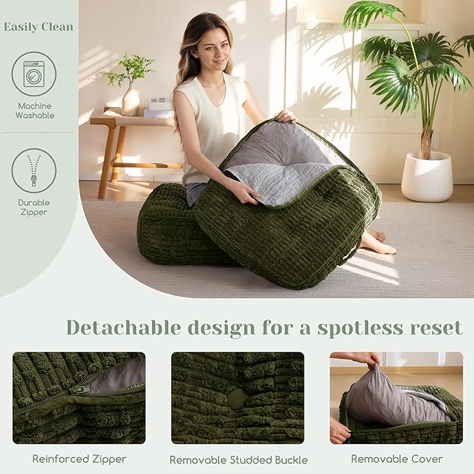 8" Washable Floor Pillow Cushion for Adults, Meditation Cushion Pillow, Removable Tufted Blended Corduroy Cover, Large Square Floor Sitting for Tatami Living Room or Yoga, 22x22 Inch, Machine Washable