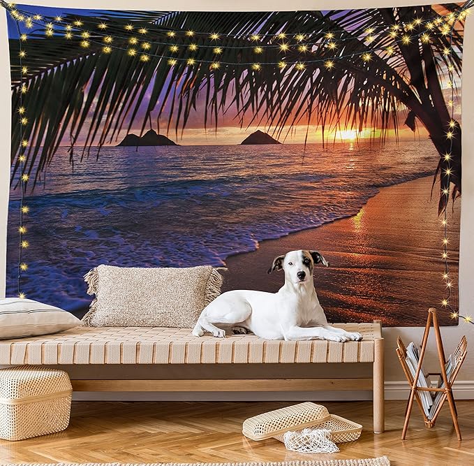 Ambesonne Hawaiian Tapestry, Pacific Sunrise at Lanikai Beach Hawaii Sandy Tropics Hills Leaves Landmark, Fabric Wall Hanging Decor for Bedroom Living Room Dorm, 30" X 45", Umber Purple