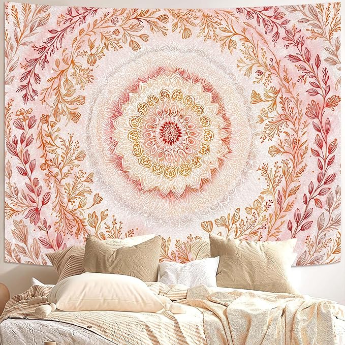 Lifeel Pink Mandala Tapestry, Cute Boho Medallion Floral Tapestries for Girls Bedroom Living Room Dorm Decor,60x80 inches