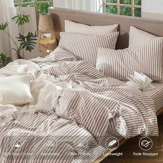 MooMee Striped Duvet Cover Set 100% Washed Cotton Linen Like Textured Breathable Durable Soft Comfy (Orange Classic Stripes, Twin 68"x90")