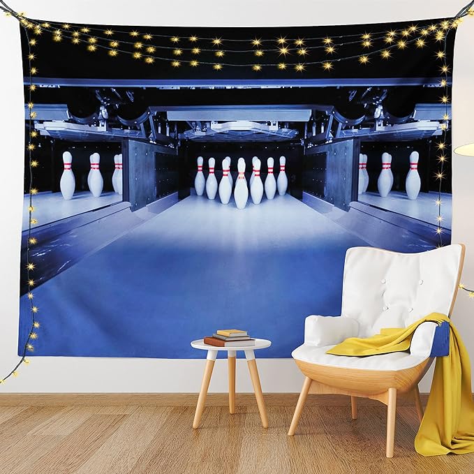 Ambesonne Bowling Party Tapestry Queen Size, Symmetrical Bowling Pins on an Empty Alley Hobby Fun Challenge Theme, Wall Hanging Bedspread Bed Cover Wall Decor, 88" X 88", Blue White Red