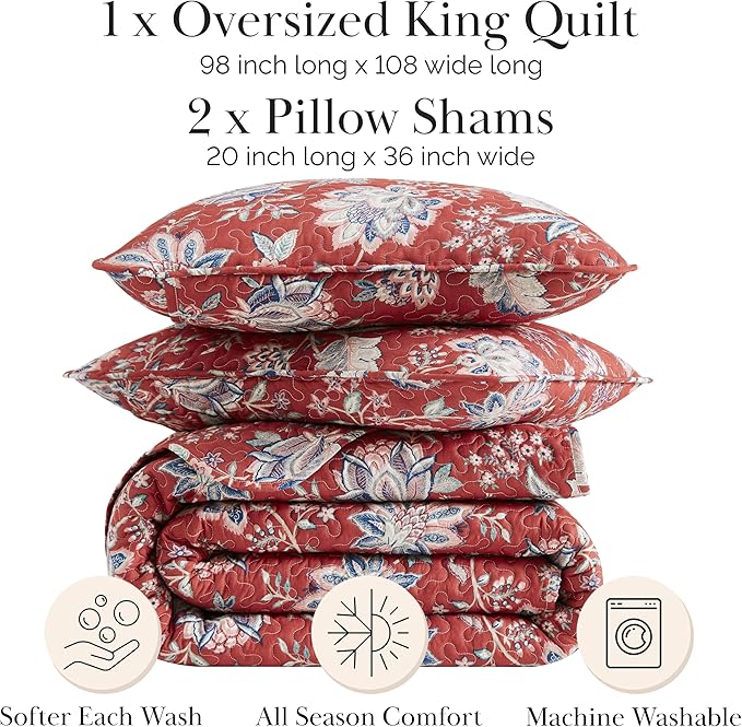 Southshore Fine Living, Inc. Oversized King Quilt Bedding Set, Jacobean Willow Floral Quilt Set with 2 Matching Pillow Shams, Lightweight California King Bed Spread, Soft Microfiber Fabric, Red