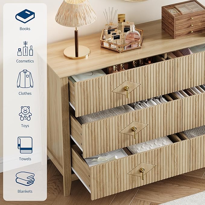 GarveeHome Fluted Dresser for Bedroom, 54 Inch Wide 6-Drawer Wood Dresser, Modern Chest of Drawers, Storage Organizer Cabinet for Living Room, Hallway, Entryway, Natural Oak