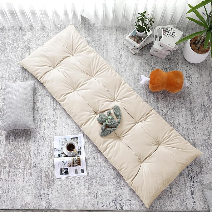 HOMBYS Floor Lounger Pillow Foldable and Tufted Design Long Floor Cushion for Yoga, Reading, Sleeping, Meditation, Elastic Band for Roll Up and Easy Storage, Machine Washable (Beige, 74"x27")