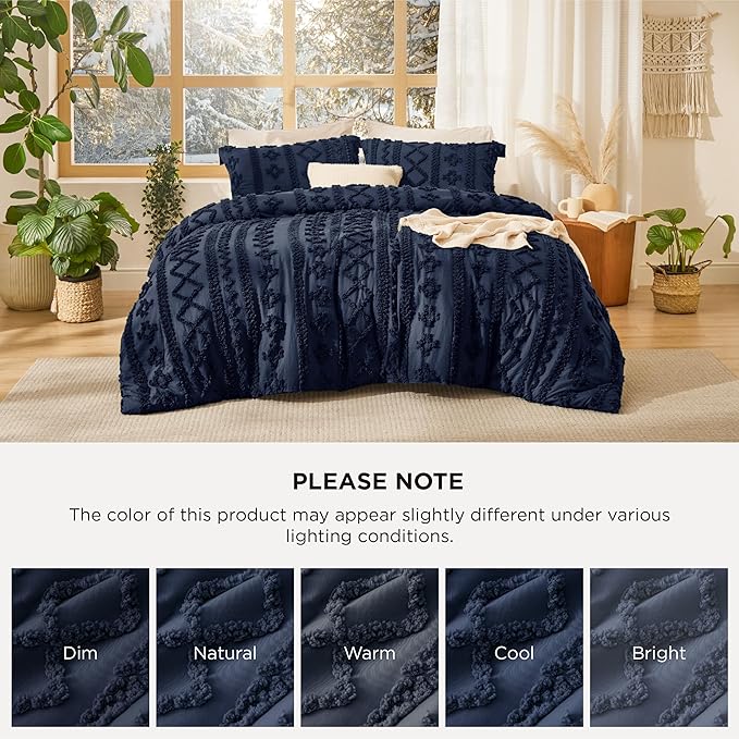 Bedsure Tufted Boho Comforter Set Twin Size - Navy Boho Bed Set, GentleSoft™ 2 Pieces Farmhouse Shabby Chic Embroidery Bedding, Gifts for Woman, Soft Jacquard Twin Comforter for All Seasons