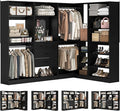Unikito 110” Closet System with Drawers, Corner Closet Organizer with 4 Hanging Rods and Mirror Design, 9.3FT Reversible Large Wood L Shaped Walk in Closets Wardrobe with Shoe Shelves, Set of 4, Black