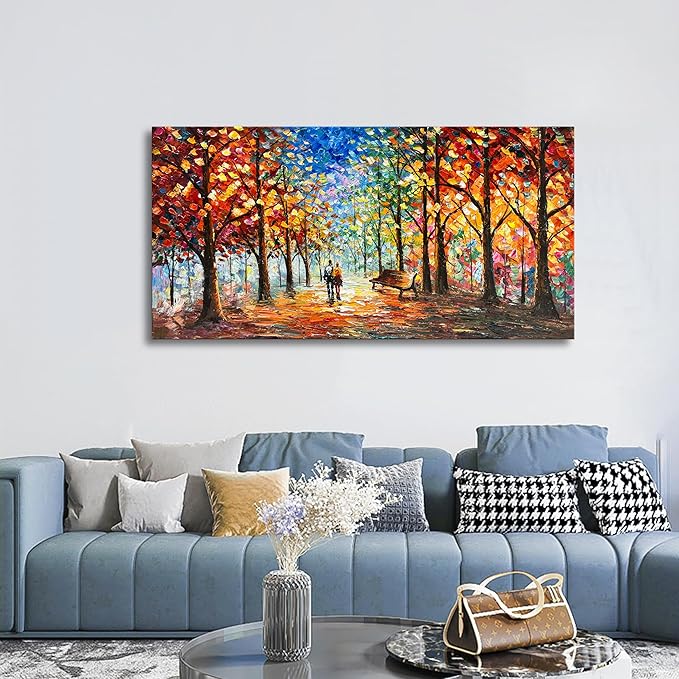 Hand-Painted Forest Landscape Painting 24x48 Inchs Art Wall Palette Knife Oil Painting Modern Abstract Landscape Art