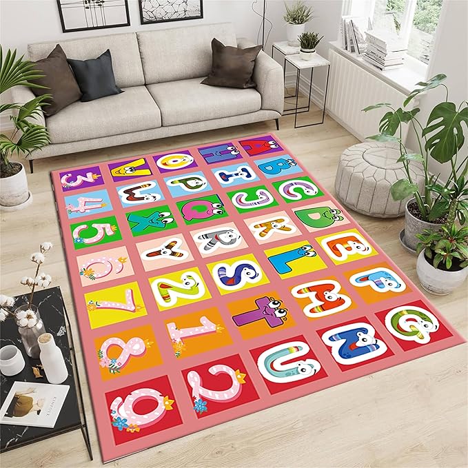 Kids Area Rug English Characters ABC and Math Symbols Learning Carpets, Lovely Cartoon Pink Washable Foldable Door Mat Ideal for Living Dining Room Bedside Kids Girls Bedroom, 6x9ft