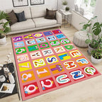 Kids Area Rug English Characters ABC and Math Symbols Learning Carpets, Lovely Cartoon Pink Washable Foldable Door Mat Ideal for Living Dining Room Bedside Kids Girls Bedroom, 5x7ft