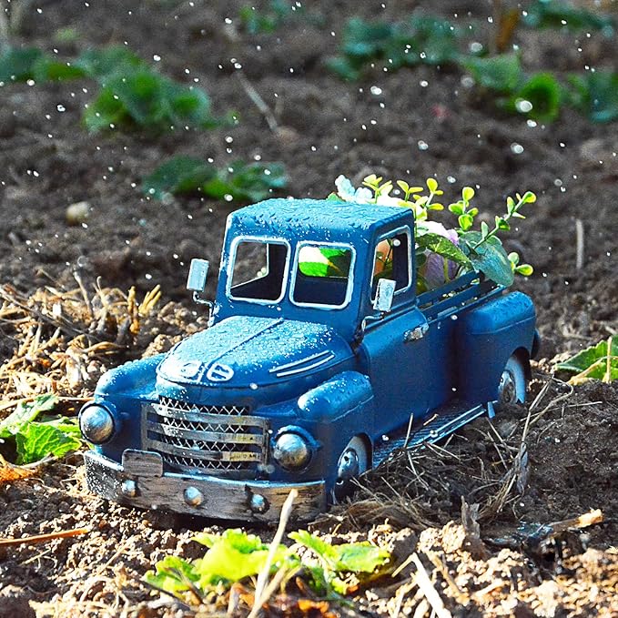 Farmhouse Blue Truck Decor, Vintage Metal Truck Table Decor, Decorative Farm Tabletop Storage & Garden Pickup Trucks Planter, Fall Coffee Desk Centerpiece & Car Model Gifts