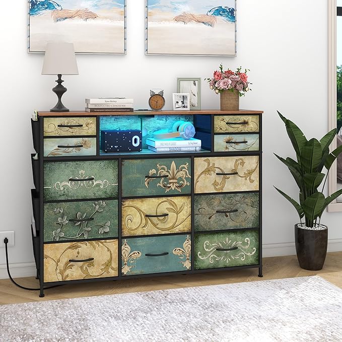 Tohomeor Retro Dresser with Charging Station & LED Light with Boho Fabric Drawers for Bedroom Chest of Drawers TV Stand with Power Outlet Open Shelf Storage (13 Drawers)