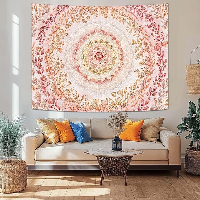 Lifeel Pink Mandala Tapestry, Cute Boho Medallion Floral Tapestries for Girls Bedroom Living Room Dorm Decor,60x80 inches