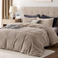 Bedsure Fluffy Duvet Cover Set - Ultra Soft Plush Shaggy Comforter Cover Queen Size, Warm Flannel Fleece Bed Sets for Winter, 3 Pieces (Striped Pattern, Khaki)