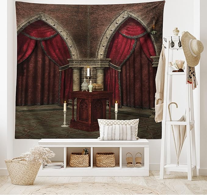 Ambesonne Gothic Tapestry, Mysterious Dark Room in Castle Pillars Candles Atmosphere Pattern, Fabric Wall Hanging Decor for Bedroom Living Room Dorm, 45" X 30", Red Black