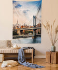 Ambesonne New York Tapestry Queen Size, Manhattan Bridge and the New York Skyline at Sunset East River Highrise Buildings, Wall Hanging Bedspread Bed Cover Wall Decor, 88" X 88", Camel Blue