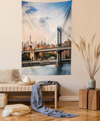 Ambesonne New York Tapestry Queen Size, Manhattan Bridge and the New York Skyline at Sunset East River Highrise Buildings, Wall Hanging Bedspread Bed Cover Wall Decor, 88" X 88", Camel Blue