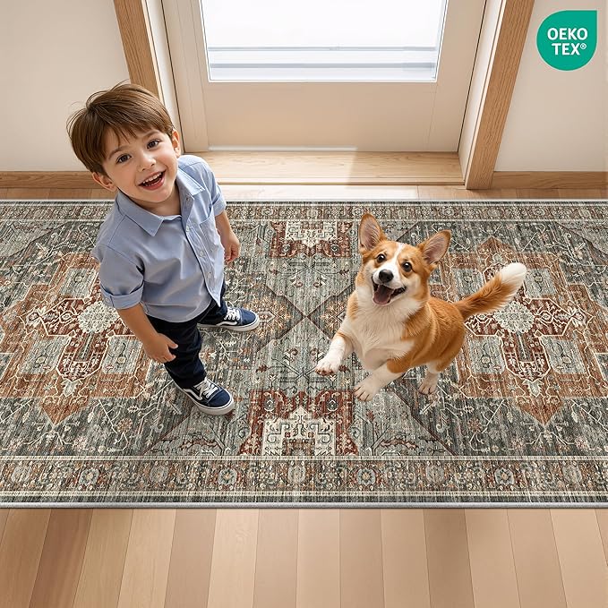 Runner Rug 2x6, Non Slip Washable Rugs for Laundry Room, Runners for Hallways, Low Pile Vintage Soft Rugs for Living Room, Kitchen Bathroom,Bedroom Rug(Grey/Brown/Tan,2'x6')