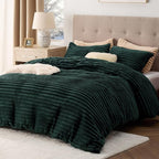 Bedsure Fluffy Duvet Cover Set - Ultra Soft Plush Shaggy Comforter Cover King Size, Warm Flannel Fleece Bed Sets for Winter, 3 Pieces (Striped Pattern, Forest Green)