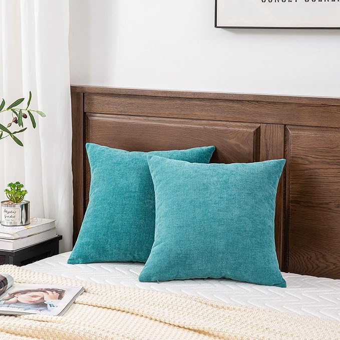 GAWAMAY Decorative Square 16x16 Inch Throw Pillow Covers Set of 2, Super Soft Chenille Pillows Farmhouse Fall Pillowcase for Living Room Bedroom Sofa Couch Cushion Cover Teal 40x40cm (No Insert)