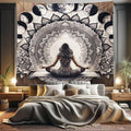 Ambesonne Mandala Tapestry King Size, Meditating Lady with Ethnic Florals and Lunar Phases Frame Rustic, Wall Hanging Bedspread Bed Cover Wall Decor, 104" X 88", Cocoa Charcoal Grey White