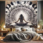 Ambesonne Mandala Tapestry King Size, Meditating Lady with Ethnic Florals and Lunar Phases Frame Rustic, Wall Hanging Bedspread Bed Cover Wall Decor, 104" X 88", Cocoa Charcoal Grey White