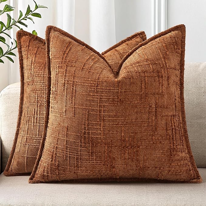 decorUhome Chenille Throw Pillow Covers 16x16 Set of 2, Thick Textured Slubby Neutral Decorative Pillow Covers with Elegant Design for Couch, Sofa, Living Room, Rust