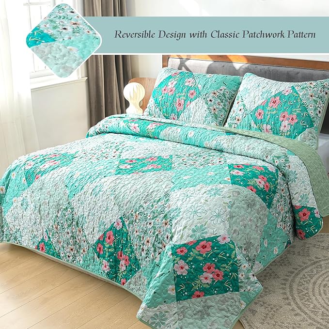 Whale Flotilla Patchwork Quilt Twin Size, Extra Soft Boho Floral Bedspreads for Bed Reversible Lightweight Twin Quilt Bedding Set Printed Coverlets with 1 Pillow Sham for All Seasons, Green
