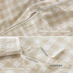 MooMee Gingham Duvet Cover Set 100% Washed Cotton Linen Like Textured Breathable Durable Soft Comfy Modern Checkered Design (Almond Milk Grey Gingham, King 104"x90")