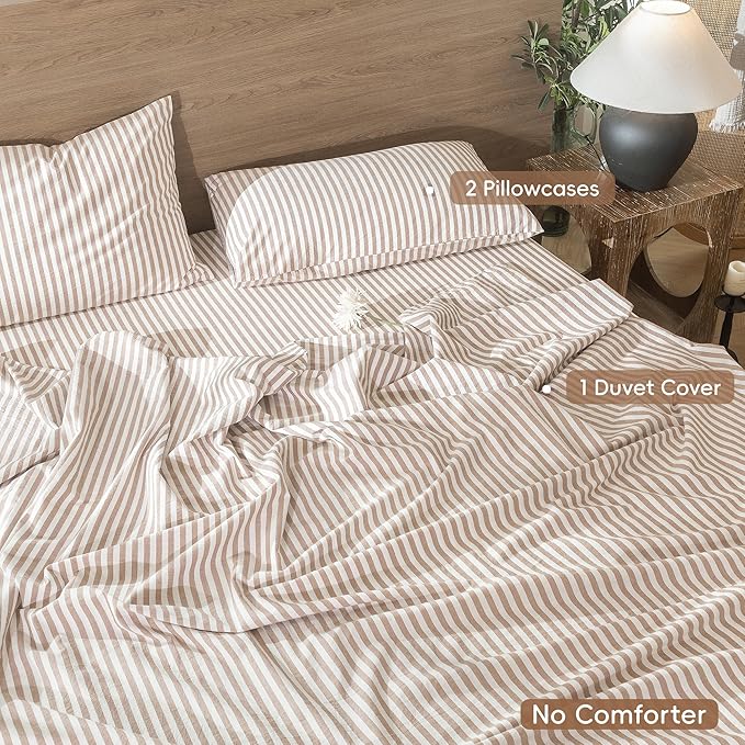 MooMee Striped Duvet Cover Set 100% Washed Cotton Linen Like Textured Breathable Durable Soft Comfy (Orange Classic Stripes, Super King 108"x98")