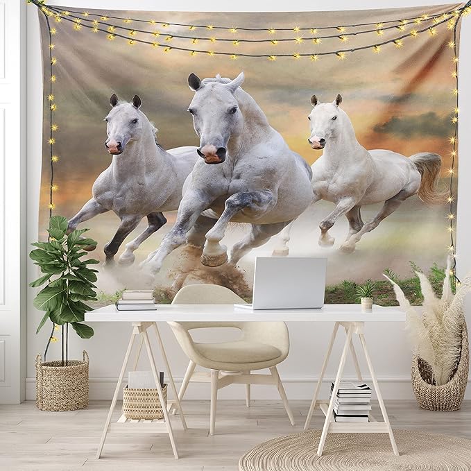 Ambesonne Horses Tapestry King Size, Stallion Horses Running on a Sky Background Male Champions Print, Wall Hanging Bedspread Bed Cover Wall Decor, King Size, White Orange