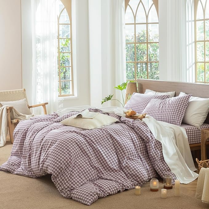 MooMee Gingham Duvet Cover Set 100% Washed Cotton Linen Like Textured Breathable Durable Soft Comfy Modern Checkered Design (Classic Gingham Light Purple, Queen 90"x90")