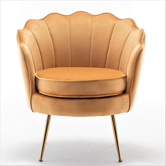 Velvet Barrel Accent Chair with Scalloped Silhouette and Gold Metal Legs, Decorative Piece Suitable for Traditional, Modern, and Contemporary Spaces, Mustard Yellow