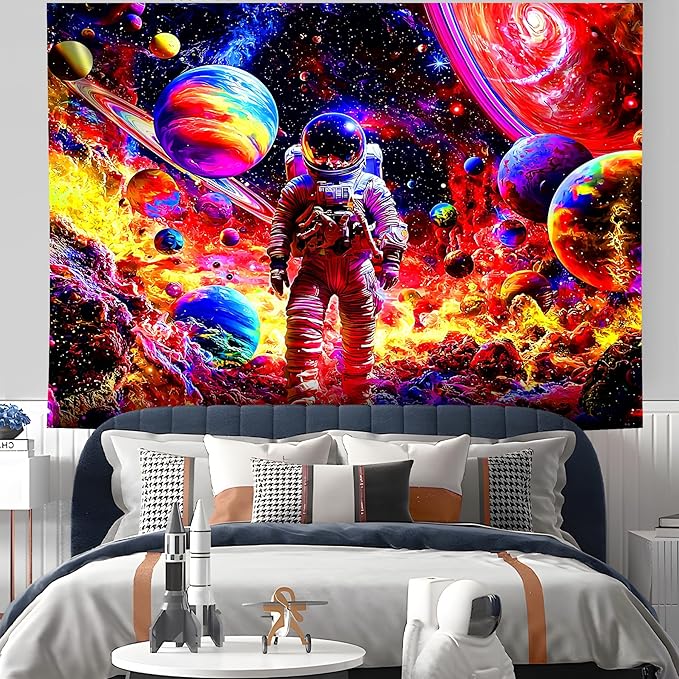 NYZE Astronaut Space Tapestry for Bedroom, BlackLight Tapestry Room Decor Wall Tapestries, Cool Galaxy Planet Wall Hanging, Wall Hanging for Men Guys Gamer Room Dorm Living Room 59in×51in