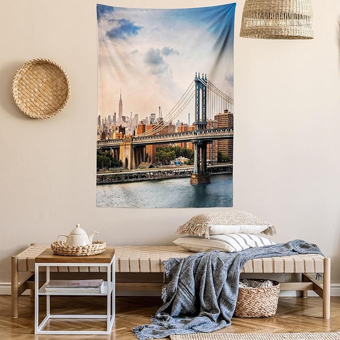 Ambesonne New York Tapestry, Manhattan Bridge and the New York Skyline at Sunset East River Highrise Buildings, Fabric Wall Hanging Decor for Bedroom Living Room Dorm, 23" X 28", Camel Blue